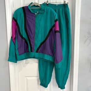 Vtg 80s Silk House Long Sleeve Teal Purple Full Zip Matching Tracksuit Sz L Silk